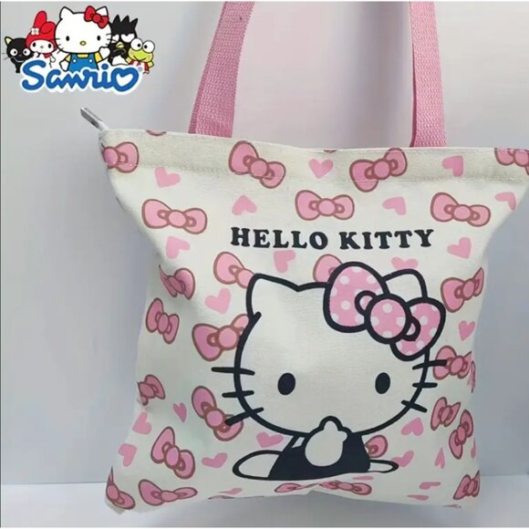 Hello Kitty Canvas Tote Bag – Adorable Pink Bow & Heart Design - Picture 1 of 5